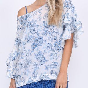 Gold Hawk Floral Printed Tunic Short Sleeve Top *NWT* ; Blue White SMALL
